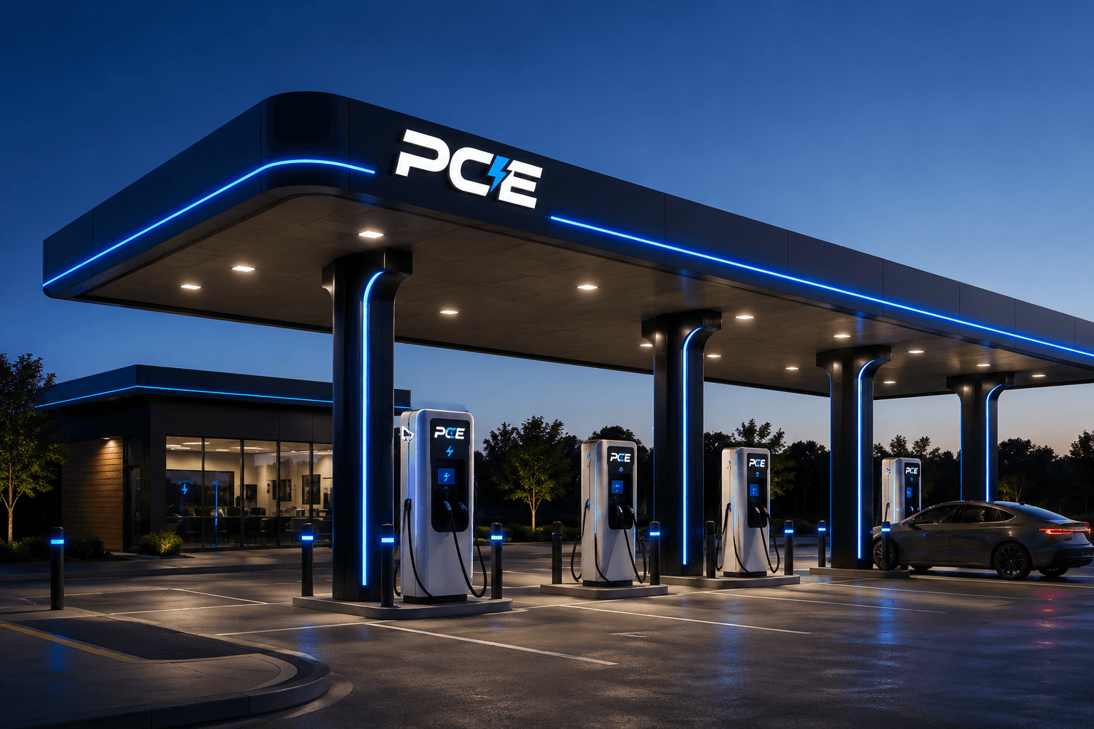 PCE charging station — ultra-fast EV charging bays with electric-blue canopy lighting